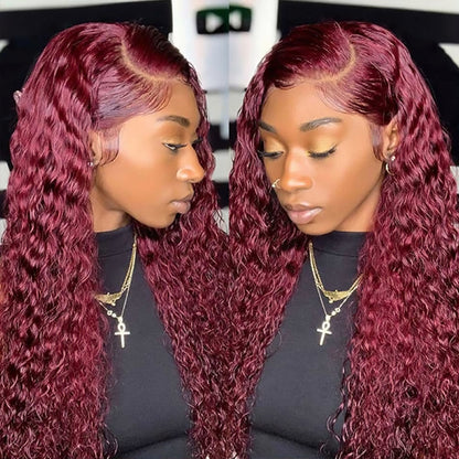 32inch 99J Wear and Go Deep Curly Wig Burgundy Colored Human Hair Wig Pre-plucked HD Lace Front Wigs Glueless Deep Wave Wig