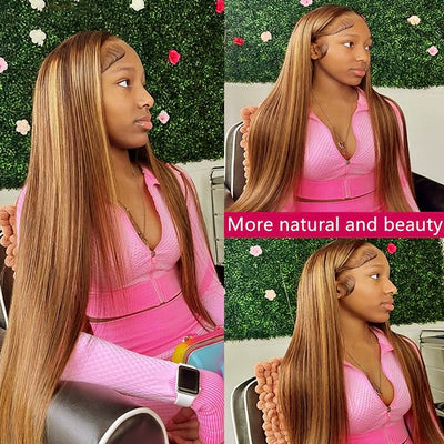Glueless Lace Closure Wig Straight Human Hair Wig Honey Blonde Highlight 4x4 Lace Closure Wigs