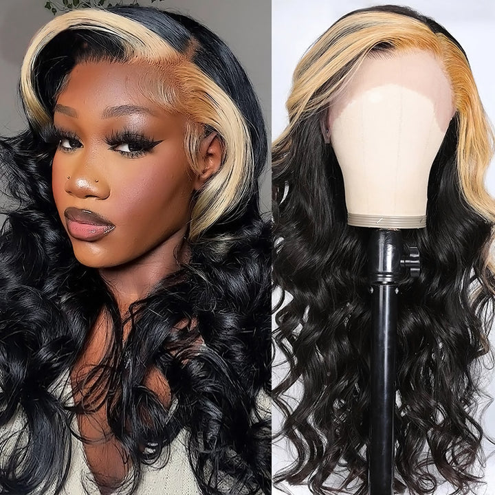 Body Wave Lace Front Wig with Streaks in Front 13x4 Body Wave HD Lace Human Hair Wig Skunk Stripe Wig
