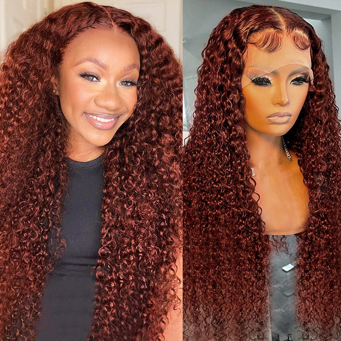 Reddish Brown Lace Front Human Hair #33 Color Glueless Curly Wig 13x4 HD Lace Frontal Wig Long Length