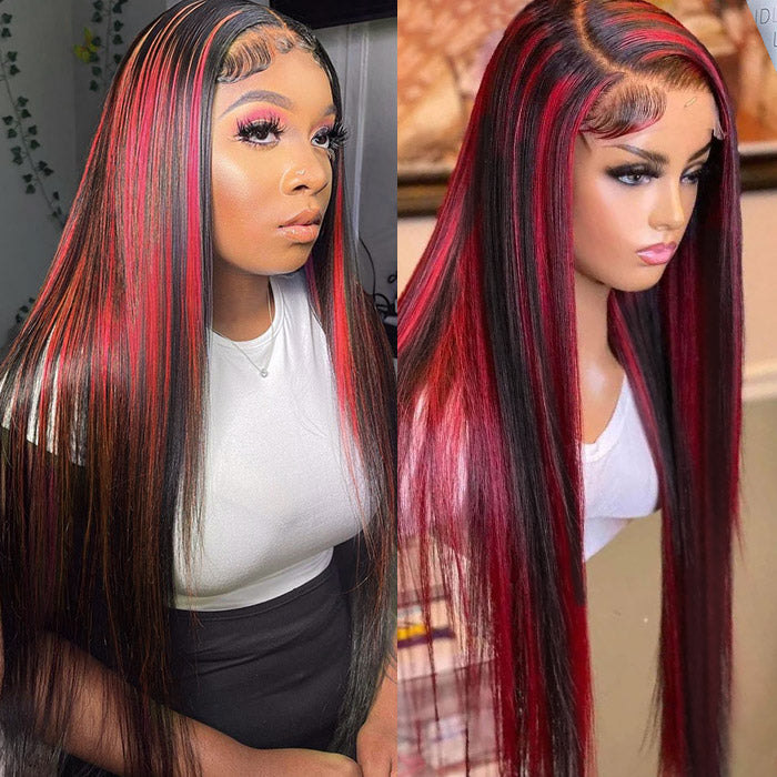Glueless Human Hair Wig Burgundy Highlight With Dark Roots Straight 13x4 HD Lace Frontal Wigs Skunk Strip Human Hair Wig