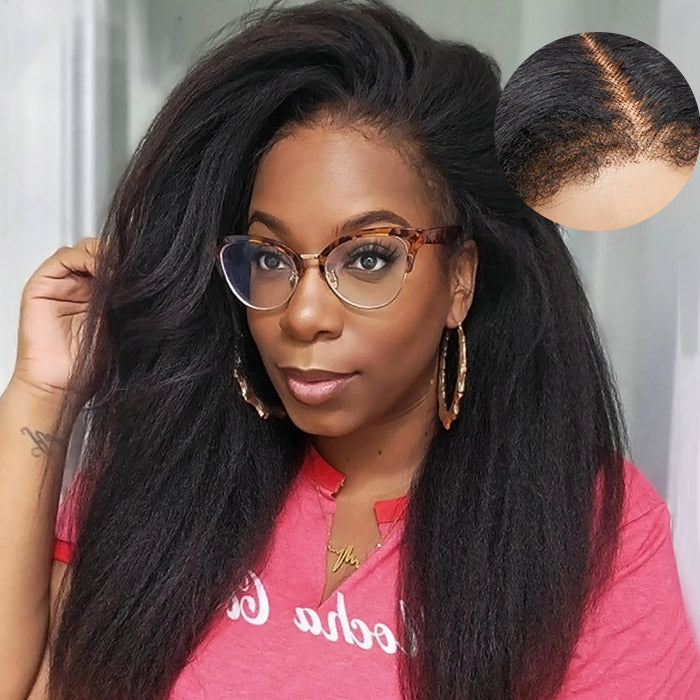 Handmade 4c Hairline Pre-Plucked 13x4 HD Lace Wig Kinky Straight with Realistic Curly Edges