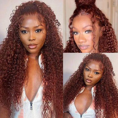 Reddish Brown Lace Front Human Hair #33 Color Glueless Curly Wig 13x4 HD Lace Frontal Wig Long Length