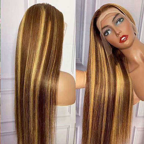 Glueless Wig Highlight P4/27 Straight Lace Front Wig Honey Blonde 13x4 Human Hair Wigs