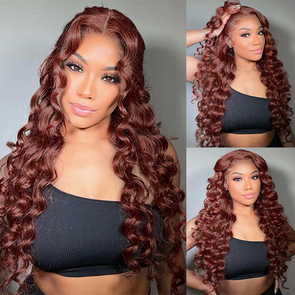 Long 40 Inch Reddish Brown #33 Color Loose Deep Wave Wig 13x4 Lace Frontal Glueless Human Hair Wigs