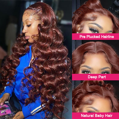 Long 40 Inch Reddish Brown #33 Color Loose Deep Wave Wig 13x4 Lace Frontal Glueless Human Hair Wigs