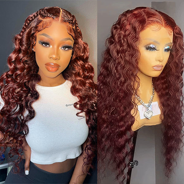 Long 40 Inch Reddish Brown #33 Color Loose Deep Wave Wig 13x4 Lace Frontal Glueless Human Hair Wigs