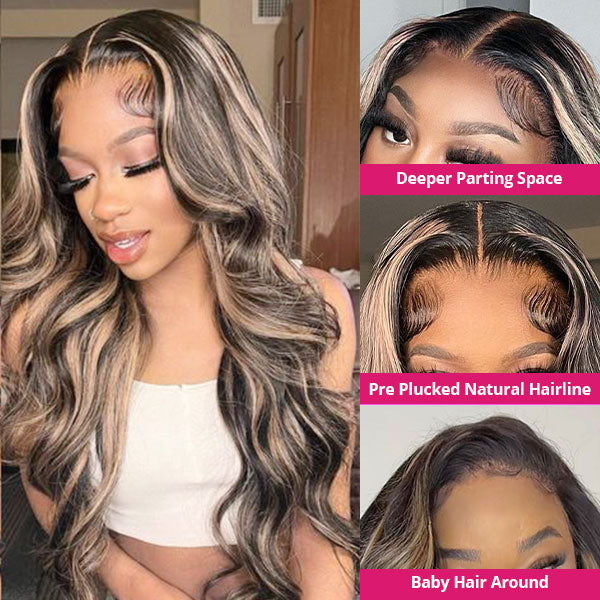Blonde Highlight Body Wave Lace Front Human Hair Wig Hightlight 1B/27 13x4 HD Lace Frontal Wigs Glueless Wig