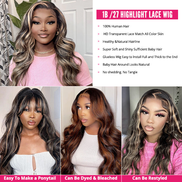 Blonde Highlight Body Wave Lace Front Human Hair Wig Hightlight 1B/27 13x4 HD Lace Frontal Wigs Glueless Wig