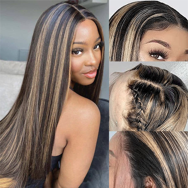 13x4 Lace Frontal Wig 1B/27 Highlight Black Blonde Straight Wigs Pre-plucked Glueless Straight Human Hair Wig