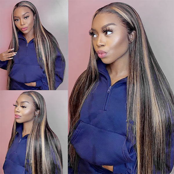 13x4 Lace Frontal Wig 1B/27 Highlight Black Blonde Straight Wigs Pre-plucked Glueless Straight Human Hair Wig