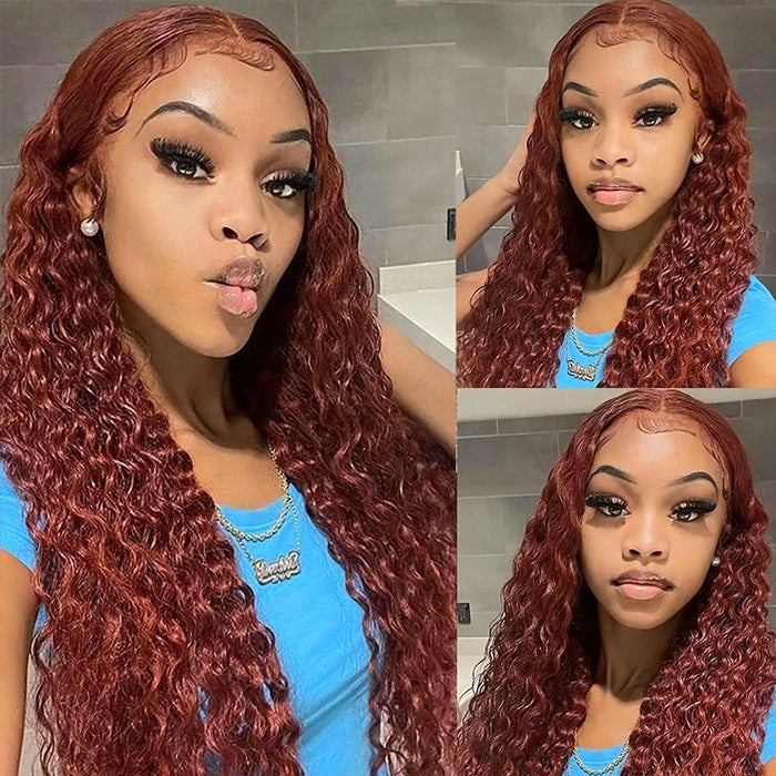 Reddish Brown Lace Front Human Hair #33 Color Glueless Curly Wig 13x4 HD Lace Frontal Wig Long Length