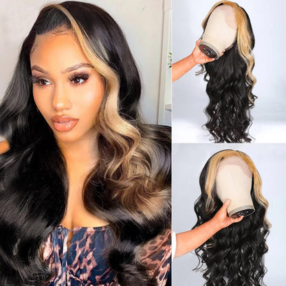 Body Wave Lace Front Wig with Streaks in Front 13x4 Body Wave HD Lace Human Hair Wig Skunk Stripe Wig