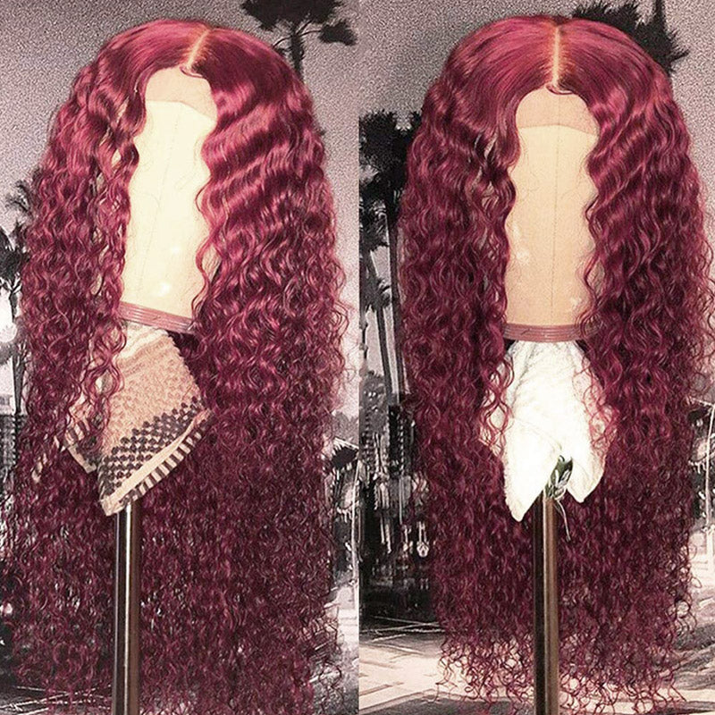 32inch 99J Wear and Go Deep Curly Wig Burgundy Colored Human Hair Wig Pre-plucked HD Lace Front Wigs Glueless Deep Wave Wig