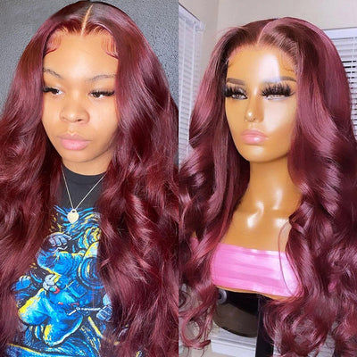 99J Body Wave Lace Frontal Wig Burgundy Pre-plucked HD Lace Front Wig Colored Human Hair Wigs