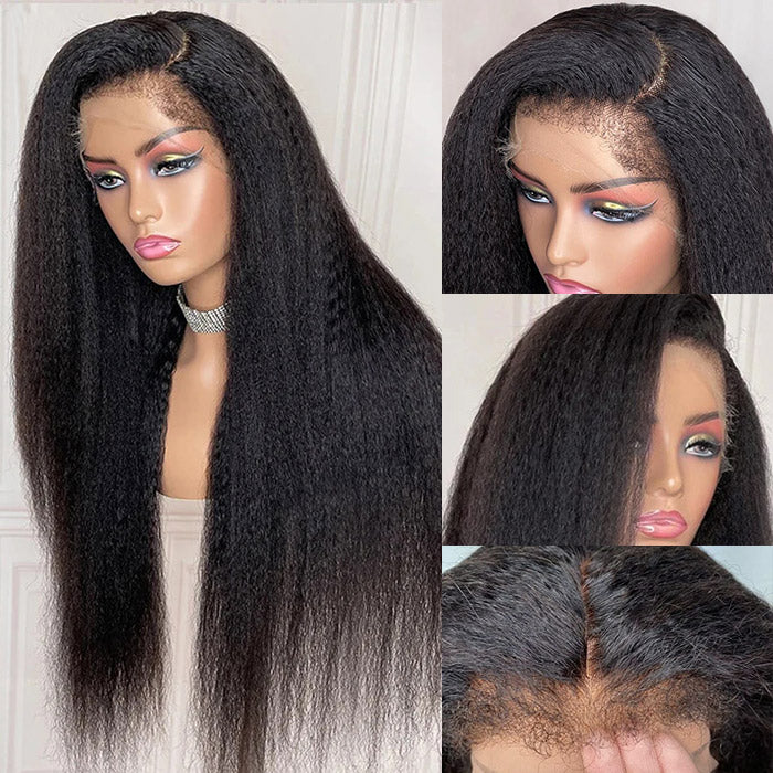 Handmade 4c Hairline Pre-Plucked 13x4 HD Lace Wig Kinky Straight with Realistic Curly Edges