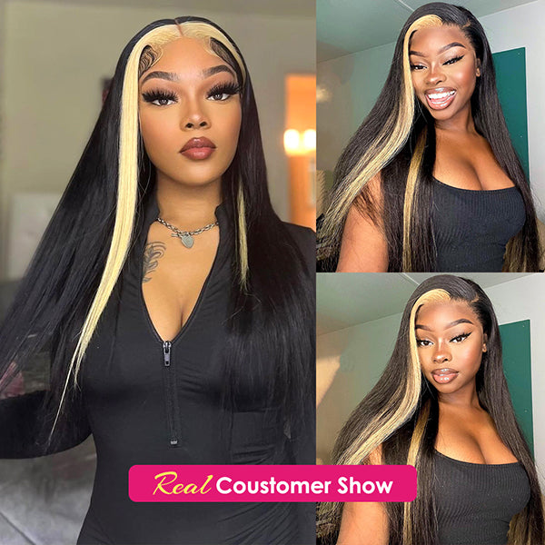 Wear and Go Straight Hair Wig 180% Density 13x4 HD Lace Frontal Wig 1B/613 Colored Wigs Skunk Stripe Human Hair Wigs