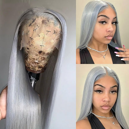 Silver Color Straight Lace Front Wig 13x4 Straight Human Hair Glueless Wigs Silver Gray Wig