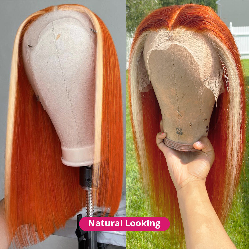 Short Straight Bob Wig Orange Ginger Color Lace Front Wig Ginger Blonde Human Hair Straight Bob Wig