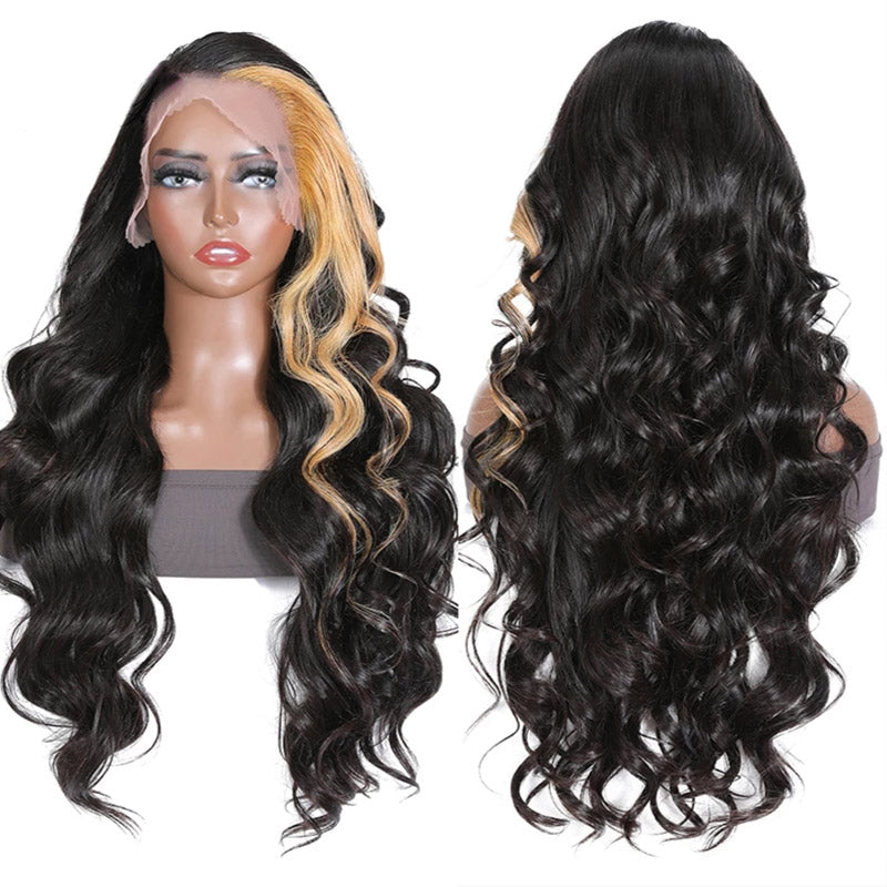 Body Wave Lace Front Wig with Streaks in Front 13x4 Body Wave HD Lace Human Hair Wig Skunk Stripe Wig