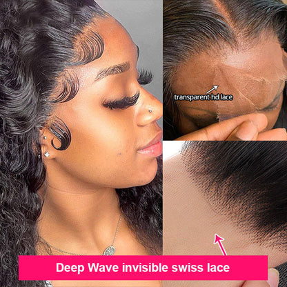 Deep Wave HD Lace Wig 13x4 Undetectable Transparent Lace Wig 200% Density Human Hair Glueless Wigs With Real Swiss Lace