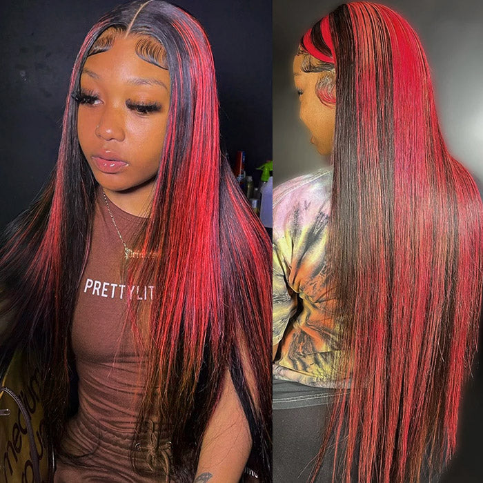 Glueless Human Hair Wig Burgundy Highlight With Dark Roots Straight 13x4 HD Lace Frontal Wigs Skunk Strip Human Hair Wig