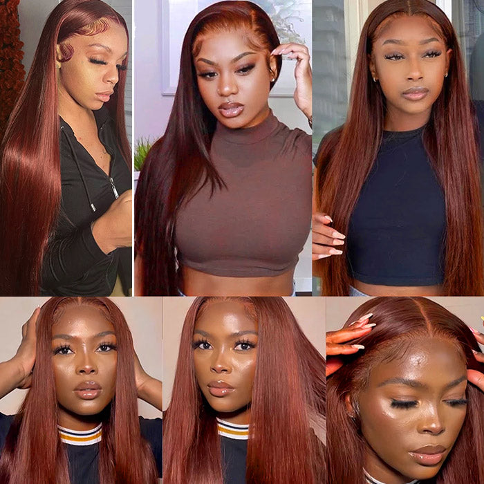 Long 40inch 250% Density #33 Reddish Brown Straight 13x4 Lace Front Wigs with Pre-plucked Human Hair Wigs For Women