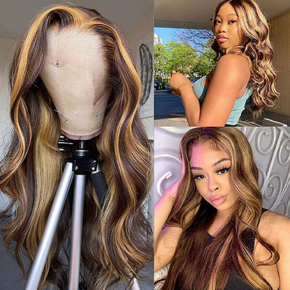 Highlight Body Wave Lace Closure Wig 4x4 HD Lace Wig Invisible Human Hair Wigs Body Wave Glueless Wig