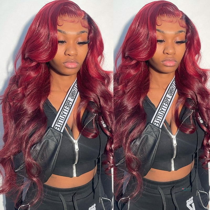 99J Body Wave Lace Frontal Wig Burgundy Pre-plucked HD Lace Front Wig Colored Human Hair Wigs