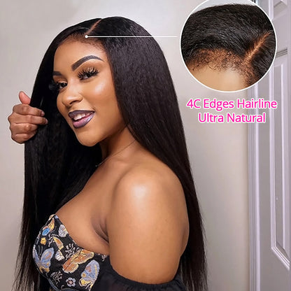 Handmade 4c Hairline Pre-Plucked 13x4 HD Lace Wig Kinky Straight with Realistic Curly Edges