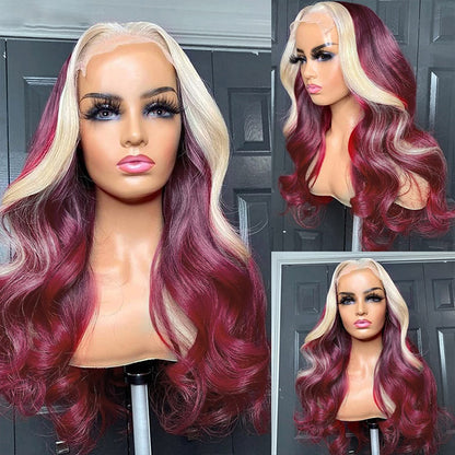 99J Burgundy Lace Front Wig 613 Blonde Highlight Wigs Body Wave Human Hair Wigs Glueless 13x4 Lace Frontal Wig