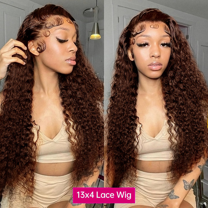 Chocolate Brown Lace Front Wig 30 Inch Kinky Curly Human Hair Wig 13x4 Colored Lace Front Human Hair Wigs Deep Curly Frontal Wig