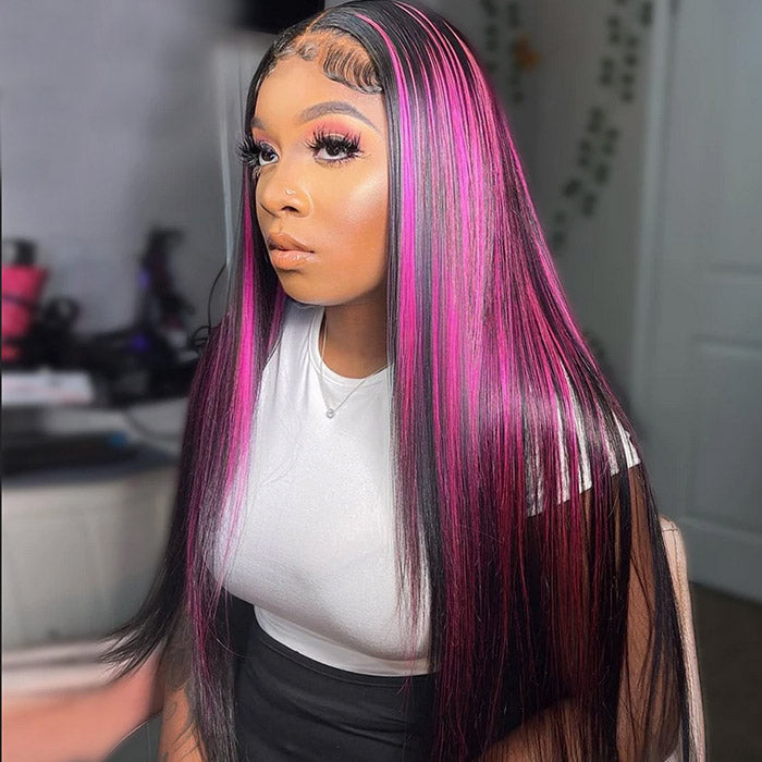 Long Highlight Pink Straight Lace Front Wig Pre-plucked Straight Human Hair Glueless Wigs