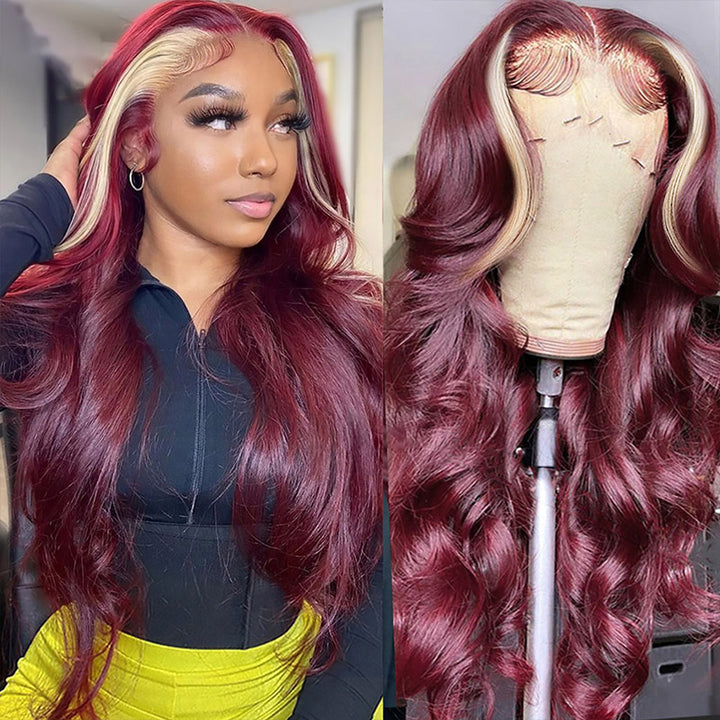 99J Burgundy Lace Front Wig 613 Blonde Highlight Wigs Body Wave Human Hair Wigs Glueless 13x4 Lace Frontal Wig