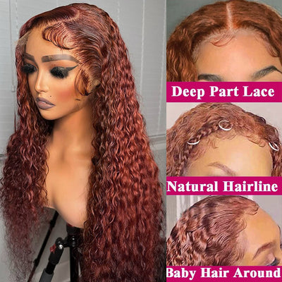 Reddish Brown Lace Front Human Hair #33 Color Glueless Curly Wig 13x4 HD Lace Frontal Wig Long Length