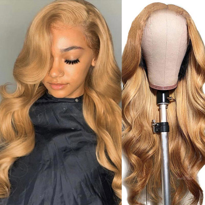 Wear and Go Body Wave Lace Front Wig 180% Density #27 Honey Blonde Human Hair Wigs Body Wave Pre-plucked Lace Frontal Wig
