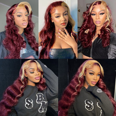 99J Burgundy Lace Front Wig 613 Blonde Highlight Wigs Body Wave Human Hair Wigs Glueless 13x4 Lace Frontal Wig
