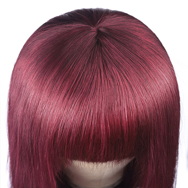 99J Straight Human Hair Machine Made Wigs With Bangs Burgundy Color