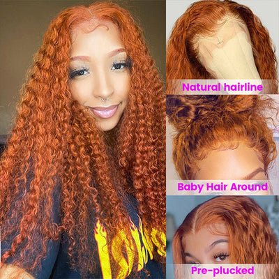 Ginger Orange Color 13x4 HD Lace Front Wig Kinky Culrs Human Hair Wigs Long Glueless Deep Curly Lace Wigs