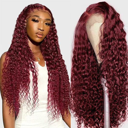 32inch 99J Wear and Go Deep Curly Wig Burgundy Colored Human Hair Wig Pre-plucked HD Lace Front Wigs Glueless Deep Wave Wig