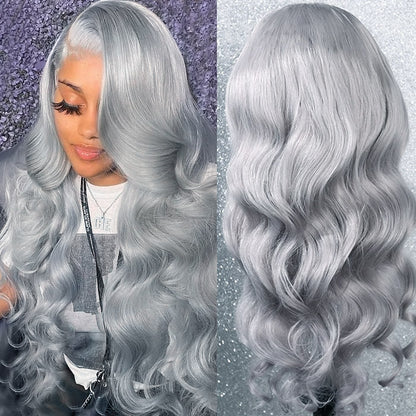 13x4 Body Wave Wig Silver Color 100% Transparent HD Lace Human Hair Wigs Glueless Body Wave Wigs