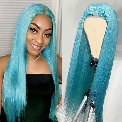 13x4 Lace Wig Sky Blue Colored Wig Straight Human Hair Wigs Light Blue Color Glueless Straight Wig