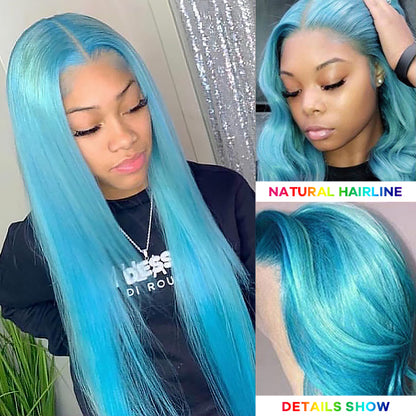 13x4 Lace Wig Sky Blue Colored Wig Straight Human Hair Wigs Light Blue Color Glueless Straight Wig