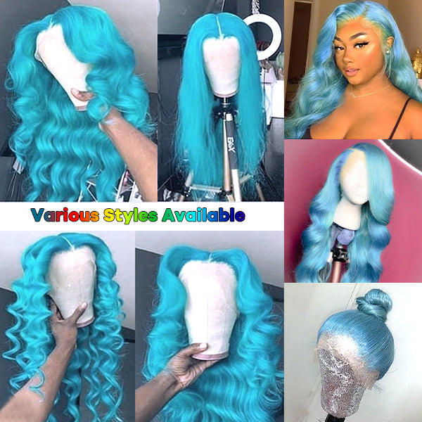 13x4 Lace Wig Sky Blue Colored Wig Straight Human Hair Wigs Light Blue Color Glueless Straight Wig
