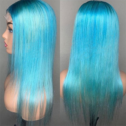 13x4 Lace Wig Sky Blue Colored Wig Straight Human Hair Wigs Light Blue Color Glueless Straight Wig