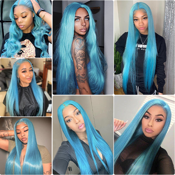 13x4 Lace Wig Sky Blue Colored Wig Straight Human Hair Wigs Light Blue Color Glueless Straight Wig