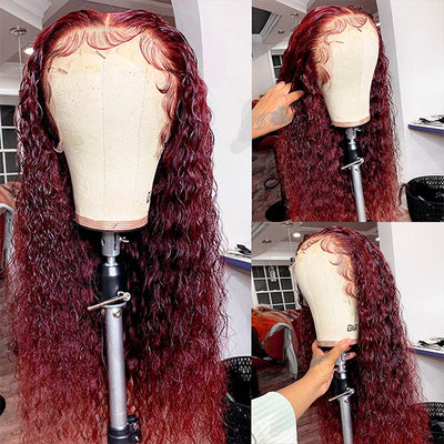 32inch 99J Wear and Go Deep Curly Wig Burgundy Colored Human Hair Wig Pre-plucked HD Lace Front Wigs Glueless Deep Wave Wig
