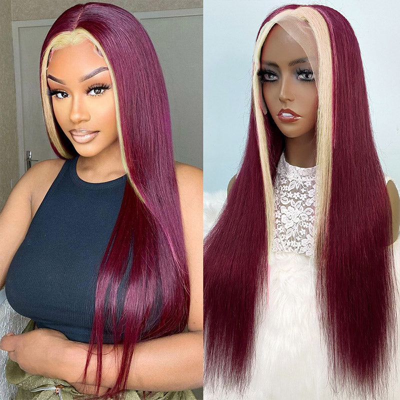 13x4 Lace Front Wig 99J Burgundy Blonde Human Hair Wigs Straight Lace Frontal Wig Glueless Straight Clorful Wigs