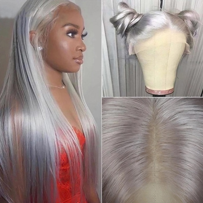 Silver Color Straight Lace Front Wig 13x4 Straight Human Hair Glueless Wigs Silver Gray Wig