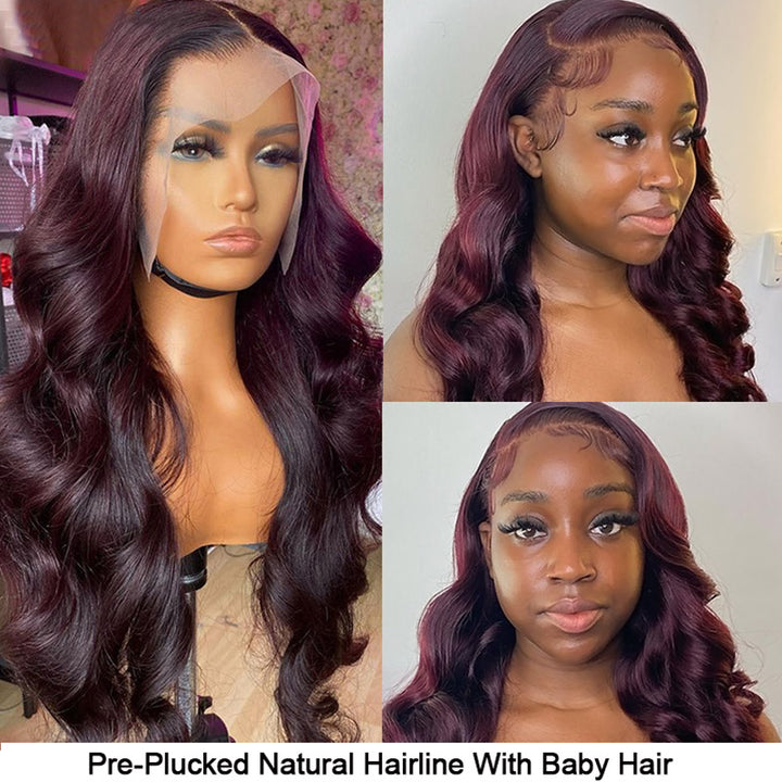 13x4 Lace Burgundy Red Colored Wigs Pre Plucked Body Wave Human Hair Wigs Dark 99J Color Glueless Lace Front Wigs